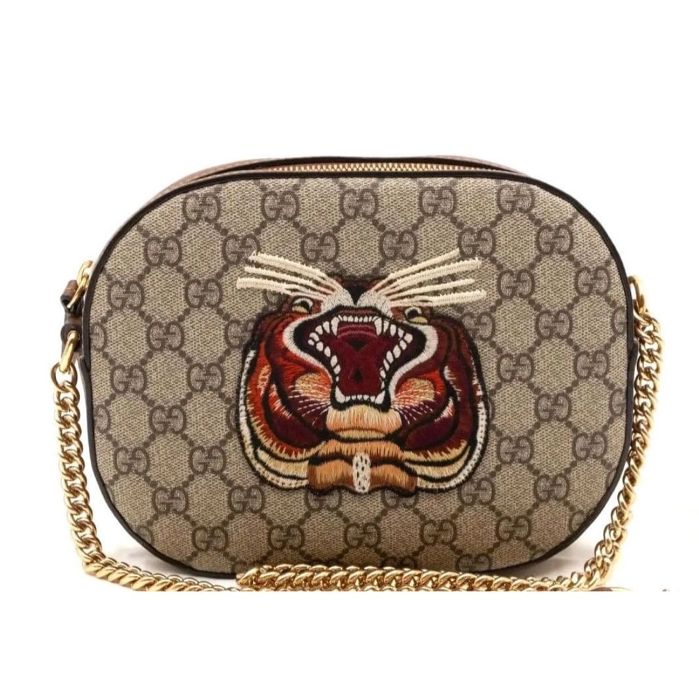 Gucci Beige and Brown Shoulder Bag with Tiger Design